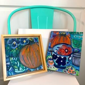 Set of 2 Pumpkins and Pansies Fauvist by A. Turner Acrylic on Wood Paintings